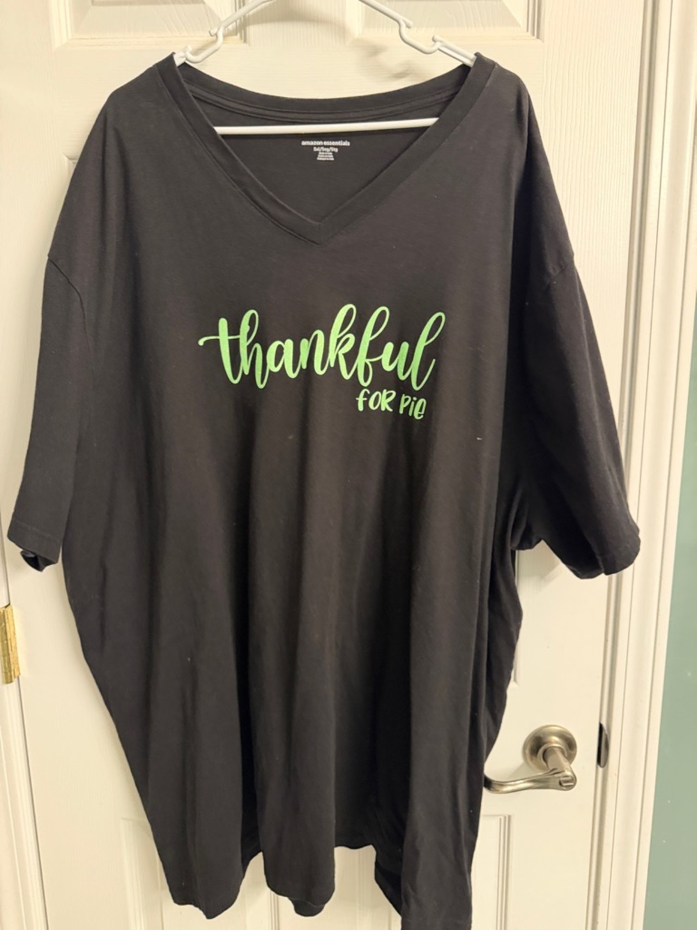 Amazon Essentials Black V-Neck Tee with Green "thankful for pie” Graphic